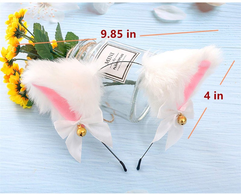 Fxaelian Animal Faux Fur Fox Cat Dog Ears Headband Halloween Cosplay Costume Party Headbands for Women Men Adult with Bell White - Image 3